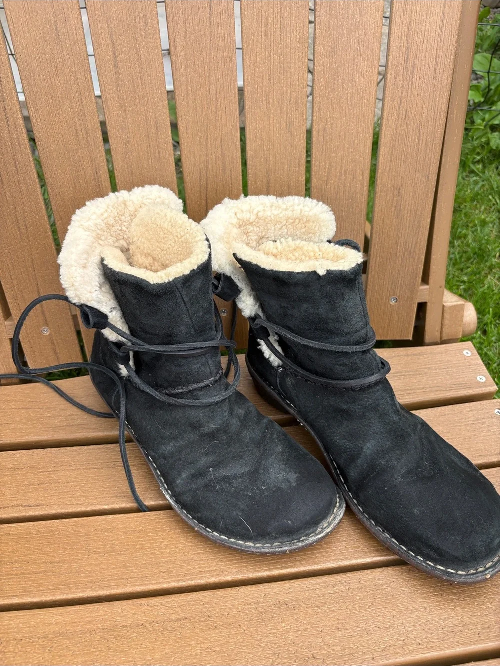 UGG Black Suede Shearling Cuff Lace-Up Ankle Boots